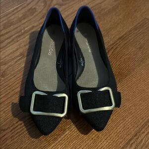Rothy’s The Emblem Point II Flats in Black with Gold Buckle Size 6.5